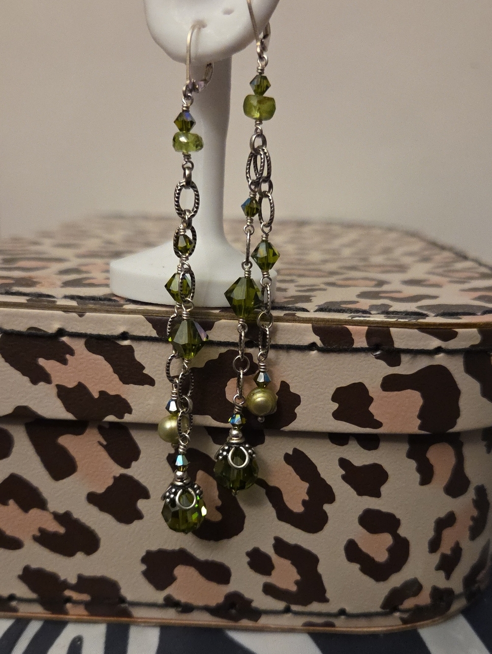 925 Olive Green Crystal Shoulder Duster Earrings